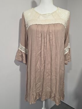 UMGEE Tan and Lace-Trim Boho Midi Dress Bell Sleeves Womens Size Small